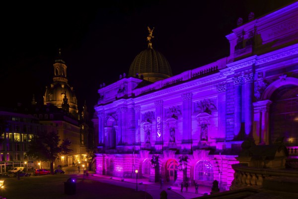 Building of the new Saxon Art Association on Georg Treu Platz, illuminated in colour. With Church