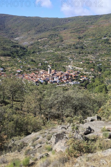 Looking down on rooftops of nucleated village Garganta la Olla, La Vera, Extremadura, Spain, Europe