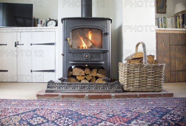 Warm fire flames logs burning in ClearView domestic multifuel stove burner inside home, UK