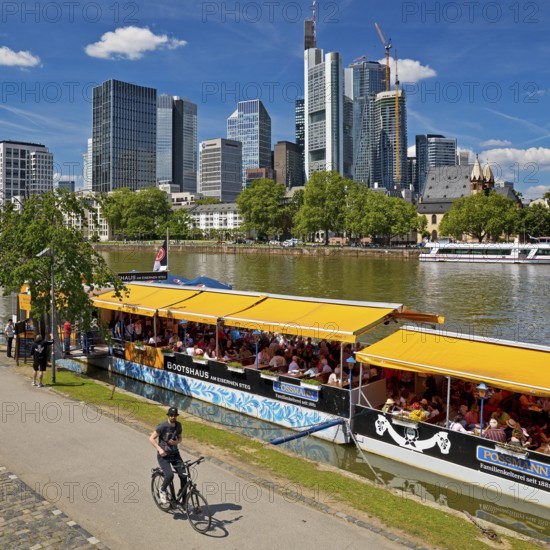 City view with boathouse Mrs Rauscher on the Main and banking district, Mainpromenade, Frankfurt am