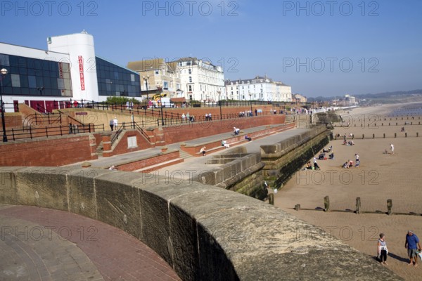 Seafront promenade, hotels, sea wall, beach, Bridlington, Yorkshire, England, United Kingdom,