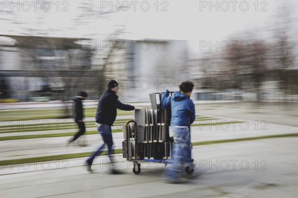 Files are cleared away after a protest action by the German Confederation of Skilled Crafts in