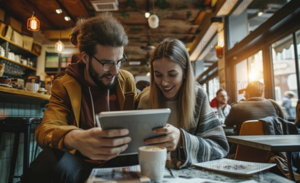 Young Caucasian couple in cafe working with tablets to browse internet, AI generated
