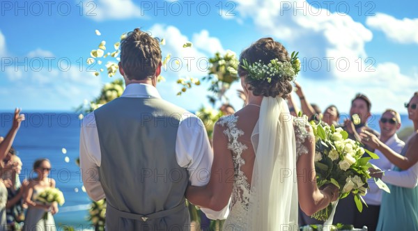 Outdoors luxury wedding and honeymoon time with bride and groom on the scenic beach ceremony, AI