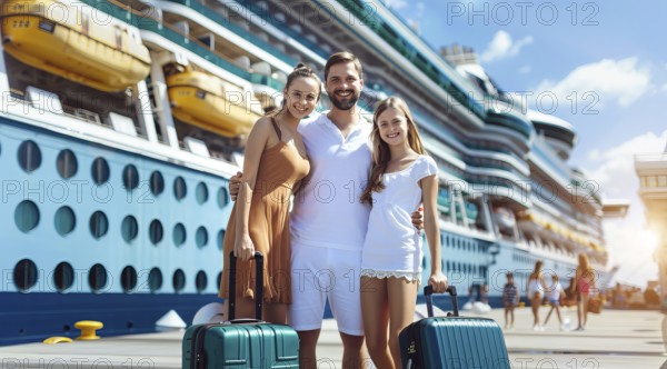 A family of four is posing for a picture in front of a cruise ship before going on vacation. They