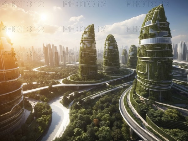 A futuristic cityscape with tall buildings and green trees growing on buildings. The buildings are