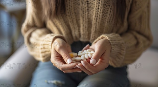 Woman with painkillers suffering for menstrual or stomach pain or other sickness. Overmedication,