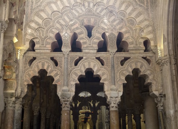 Ornate stonework of archways in the former Great Mosque, Cordoba, Spain, Europe