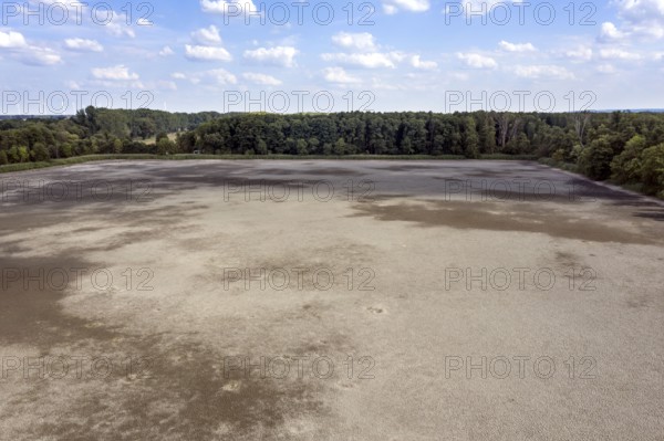Aerial view of dried up fish ponds in Reckahn in Brandenburg. The Plane, a river that normally