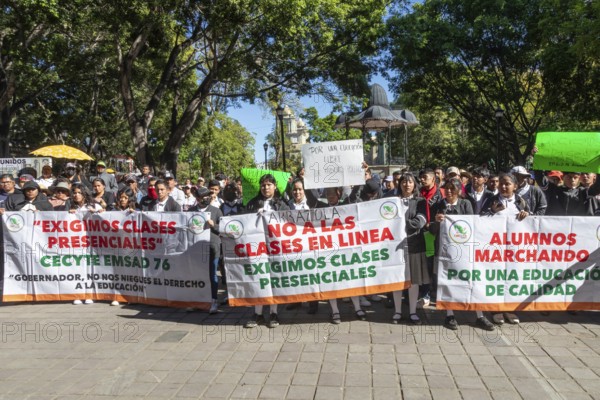 Oaxaca, Mexico, Students rallied outside the Oaxaca government building to demand an end to on-line
