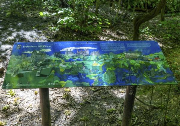 Information panel sign for Sydenham Hill Wood, Southwark, London, England, Uk