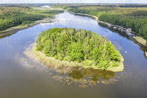 Aerial view of island in lake Granzower Möschen, Mecklenburg lake district, Mecklenburg-Vorpommern,