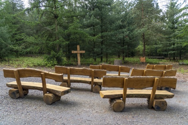 Cemetery forest, place of worship, cross, wooden cross benches, wooden benches, burial place in the