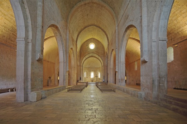 Interior view of the monastery church of the Romanesque abbey of Le Thoronet, monastery complex,