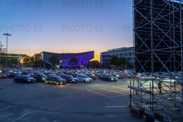 Temporary drive-in cinema, in the car park in front of Messe Essen, Grugahalle, large LED screen,