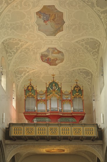 Organ, gallery and ceiling fresco, late Gothic Minster of Our Lady, interior view, Radolfzell,