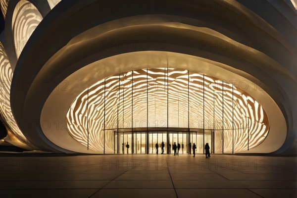 Modern art museum architecture inspired by seashells spiral patterns, AI generated