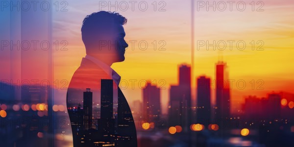 AI generated profile of a businessman with a double exposure of city lights, representing business