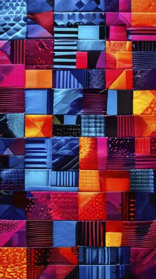 Abstract geometric patchwork illustration with vibrant intersecting geometric shapes filled with