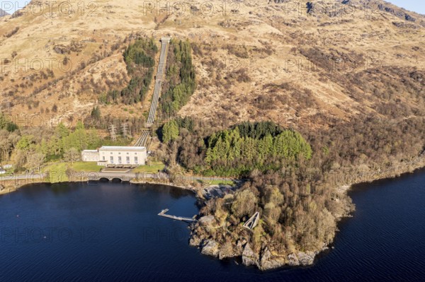 Aerial view, Hydro-electric power station at Inveruglas, wooden pyramid viewing point on peninsula,