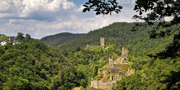 Panoramic view of the two castles, Oberburg and Niederburg of Manderscheid, Southern Eifel, Eifel,