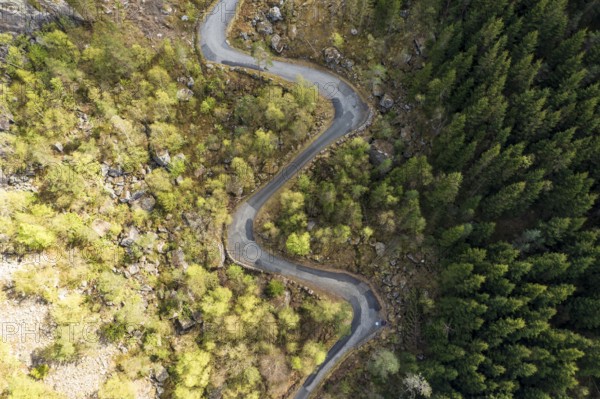 Aerial view of historical mountain pass Tronasen, steep winding road north of Flekkefjord, southern