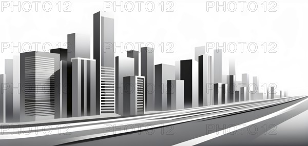 Modern city skyline using clean lines and geometric forms, with rectangular buildings and smooth,