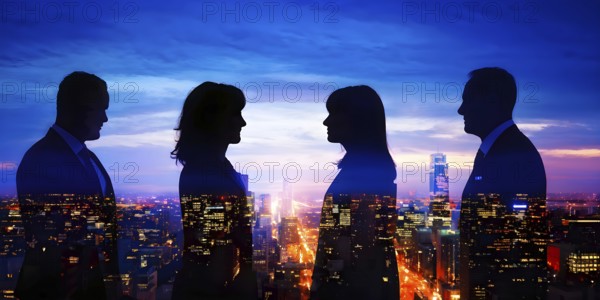 AI generated profile of business professionals with a double exposure of city lights, representing