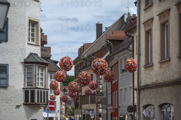 Colourful flower balls decorate the streets of, Villingen-Schwenningen, Baden-Württemberg, Germany,