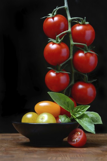 Cherry tomatoes on the stem and in skin, cherry tomato