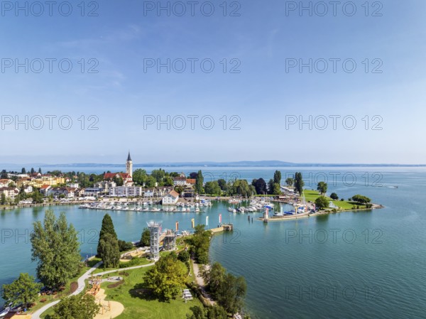 Harbour area, ferry port, yacht harbour, marina of Romanshorn with adventure playground on the