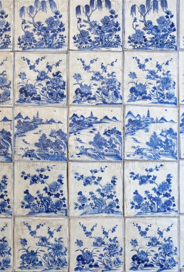 Blue and white porcelain tiles, Paradesi Synagogue, Matancherry, Jew Town, Cochin, Kerala, India,
