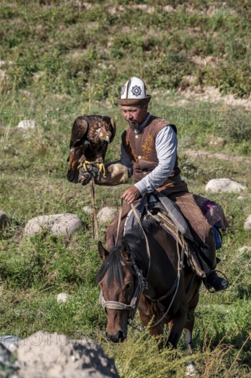 Traditional Kyrgyz eagle hunter, near Kysyl-Suu, Kyrgyzstan, Asia