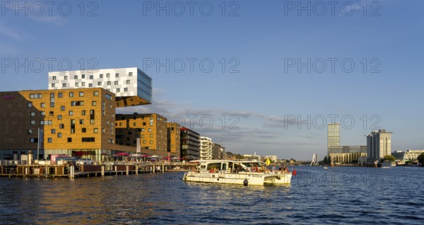 View from the Spree towards Treptow, Molekül Man and Twin Towers, Berlin, Germany, Europe