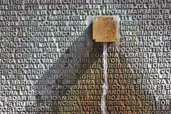 Banat, Timisoara, Timisoara, old town centre, names on a fountain, metal plate with names, Romania,