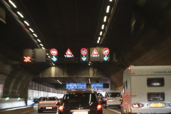 Traffic signs in a motorway tunnel, Baden-Württemberg, Germany, Europe