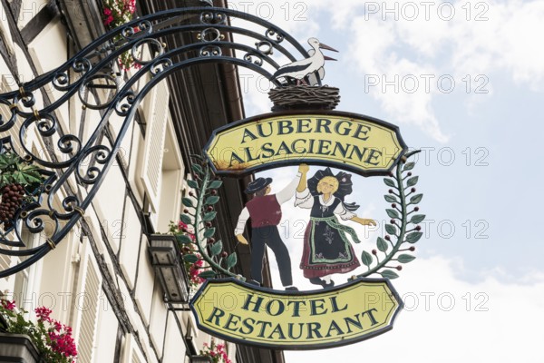 Restaurant sign, Eguisheim, Plus beaux villages de France, Haut-Rhin, Alsace, Alsace, France,