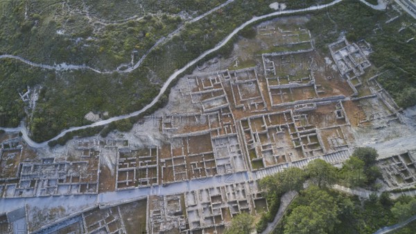 Drone shot, first morning light, Extensive ruins of an ancient site, photographed from the air,