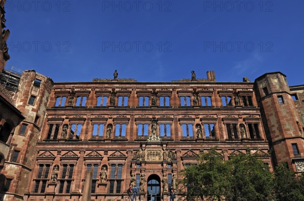 Heidelberg castle ruins, first destroyed in 1698, entire façade of the Ottheinrich building, built