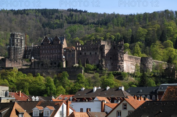 General view of the ruins of Heidelberg Castle, destroyed in 1698, Heidelberg, Baden-Württemberg,