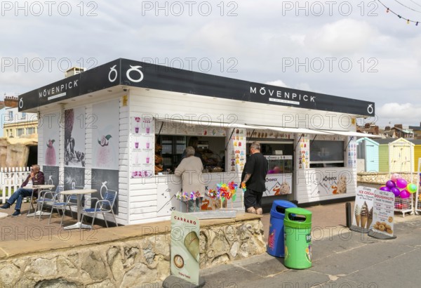 Movenpick seaside ice cream snack stall on seafront, Felixstowe, Suffolk, England, UK