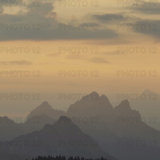 Mountain panorama from Grünten, 1783m, to the Tannheim mountains, Allgäu Alps, Tyrol, Austria,