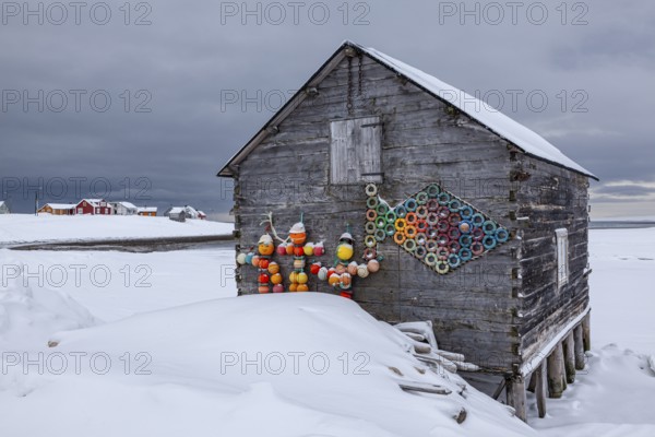 Boathouse on the beach, houses, village, coast, sea, snow, winter, clouds, Kramvik, Varanger