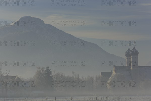 Monastery in the morning light, fog, hoarfrost, winter, Benediktbeuern Monastery, Alpine foothills,