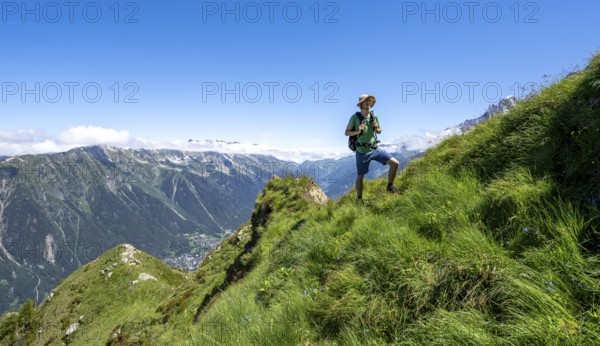 Mountain landscape, Hiking trail on a mountain ridge with meadow, Hiking trail La Jonction,