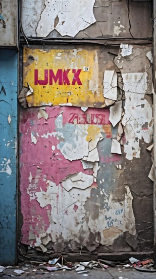 Grunge ripped torn placard posters background in white, pink, blue and yellow colors, AI generated