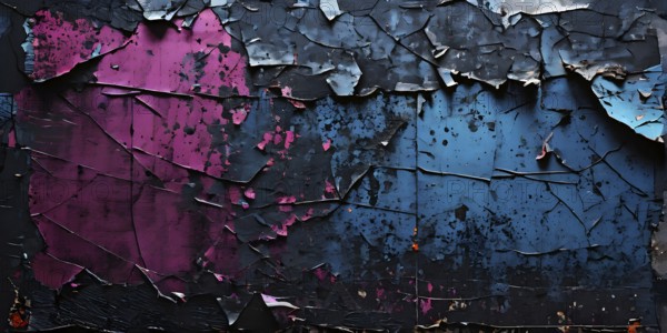 Vintage style collage featuring textured grunge posters in hues of black, blue and magenta, AI