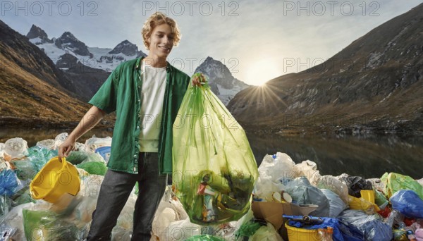 Symbolism, rubbish, young man standing with rubbish in front of a rubbish dump, AI-generated, AI