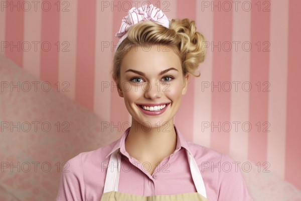 Portrait of smiling retro style housewife in apron on pink background. KI generiert, generiert AI