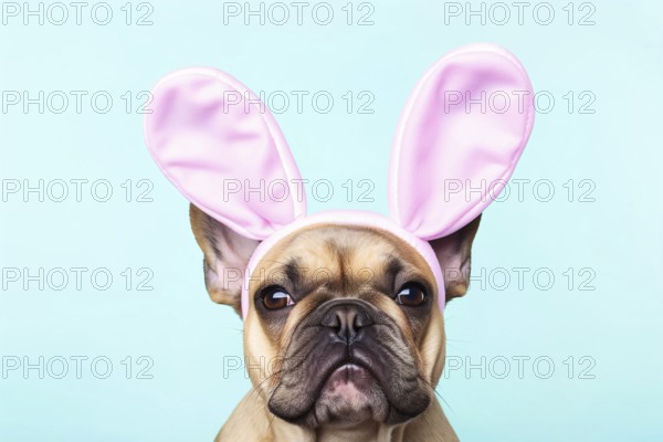 Fawn French Bulldog dog with pink Easter bunny ears on blue background. KI generiert, generiert AI